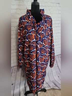 Buckehead Betties Navy Blue Orange Dot & Branch Print Long Sleeve Dress. XL